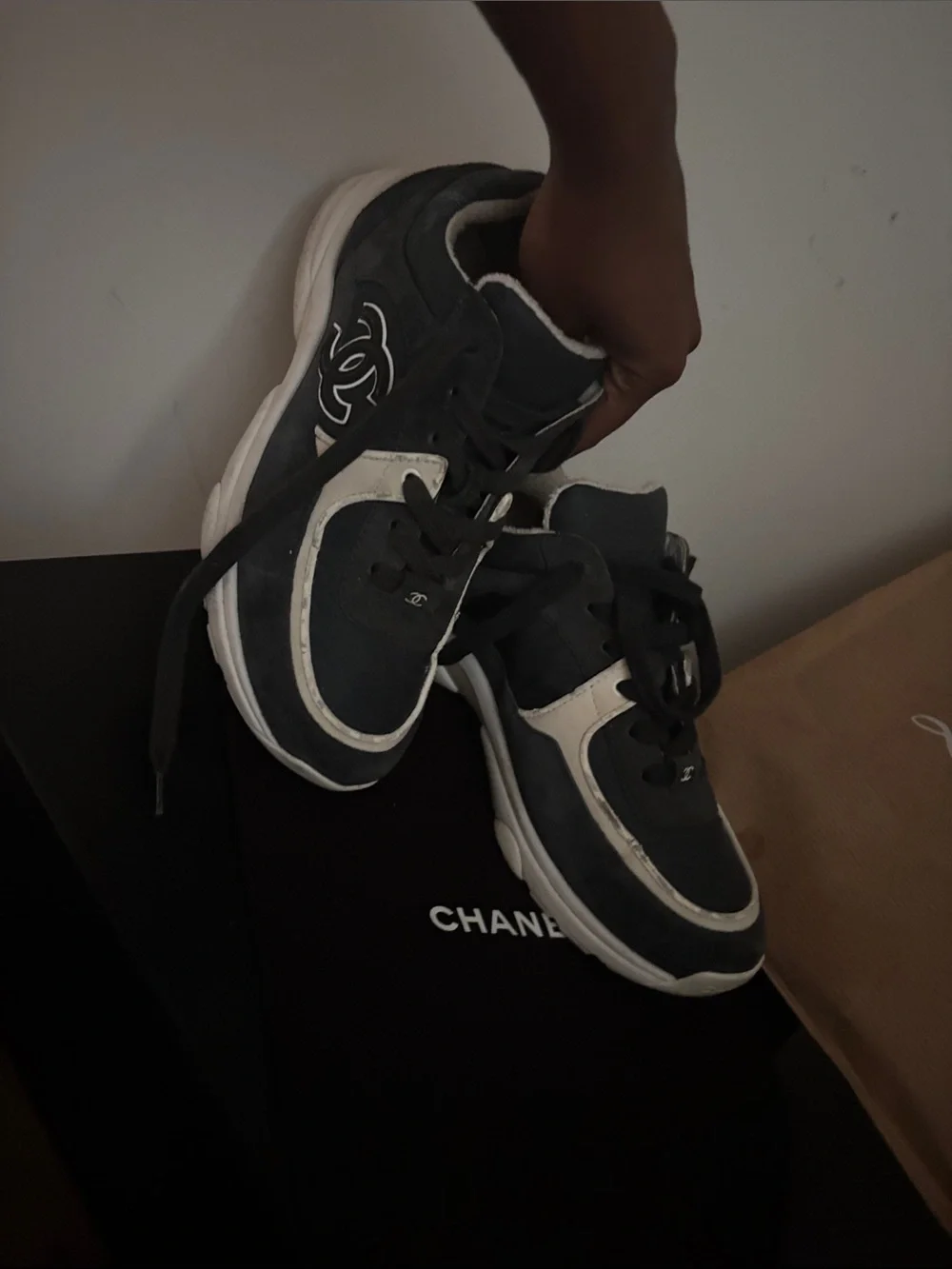 CHANEL Black and Cream Suede Chunky Sneakers